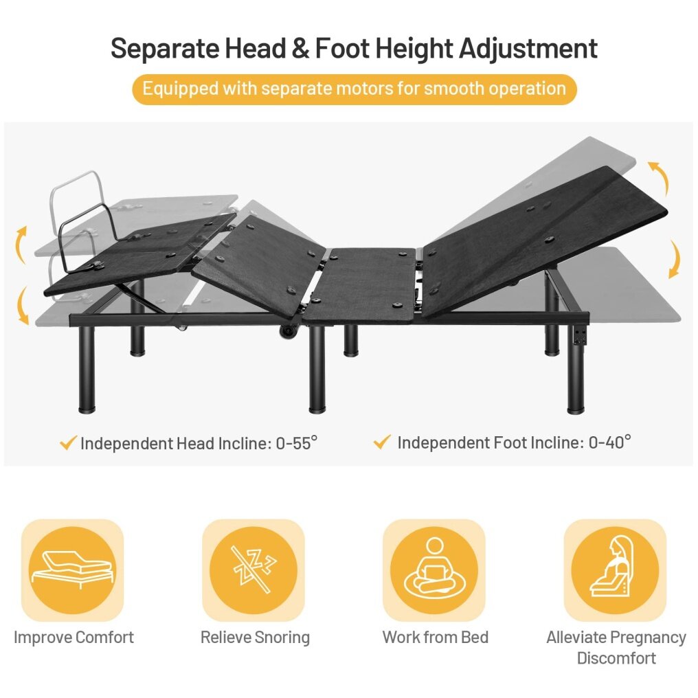Komfott Electric Bed Frame w/ Dual USB Ports & Under Bed LED Lights Adjustable Head & Foot for Home Dormitory