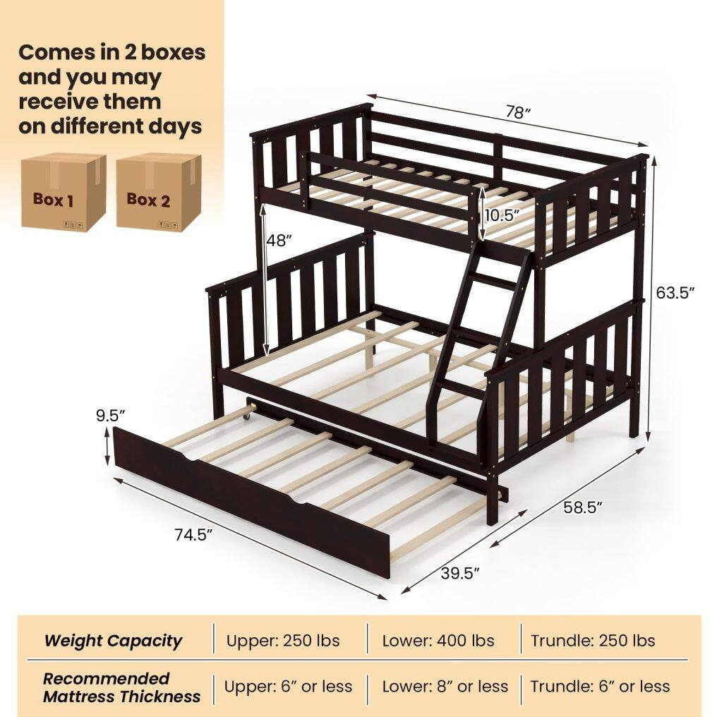 KOMFOTT Wood Twin Over Full Bunk Bed with Trundle