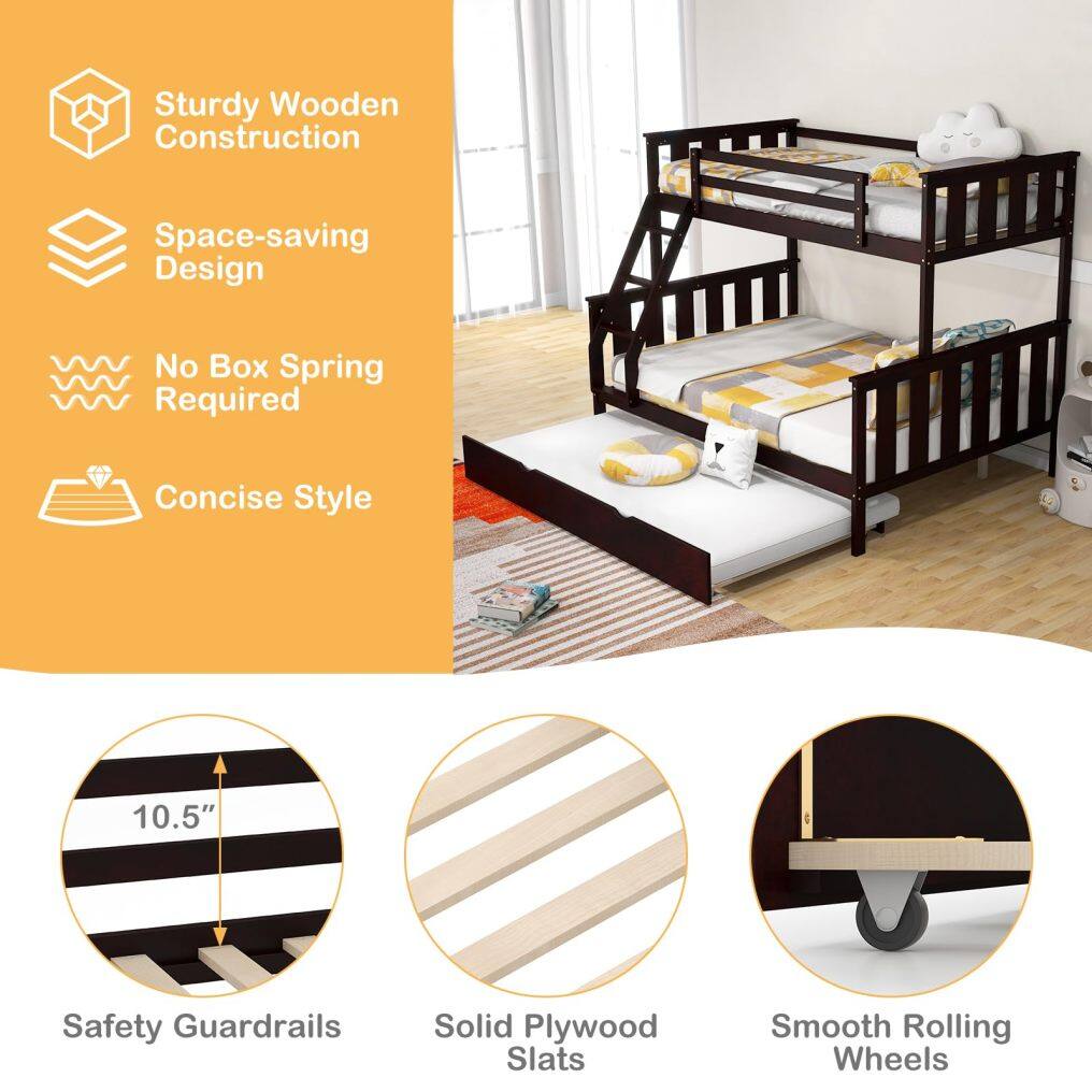 KOMFOTT Wood Twin Over Full Bunk Bed with Trundle