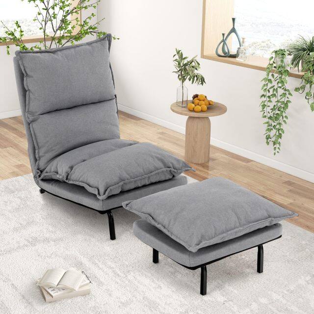 KOMFOTT Floor Lazy Sofa Chair with Ottoman, Modern Recliner Lounge Chair with 6-Level Adjustable Backrest (Gray)