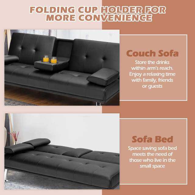 Convertible Futon Sofa Bed with Removable Armrests 2 Cup Holders for Guest