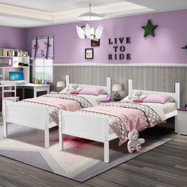 KOMFOTT Twin Over Twin Bunk Beds, Convertible Into Two Individual Solid Rubber Wood Beds, Children Stylish Sleeping Bedroom Furniture