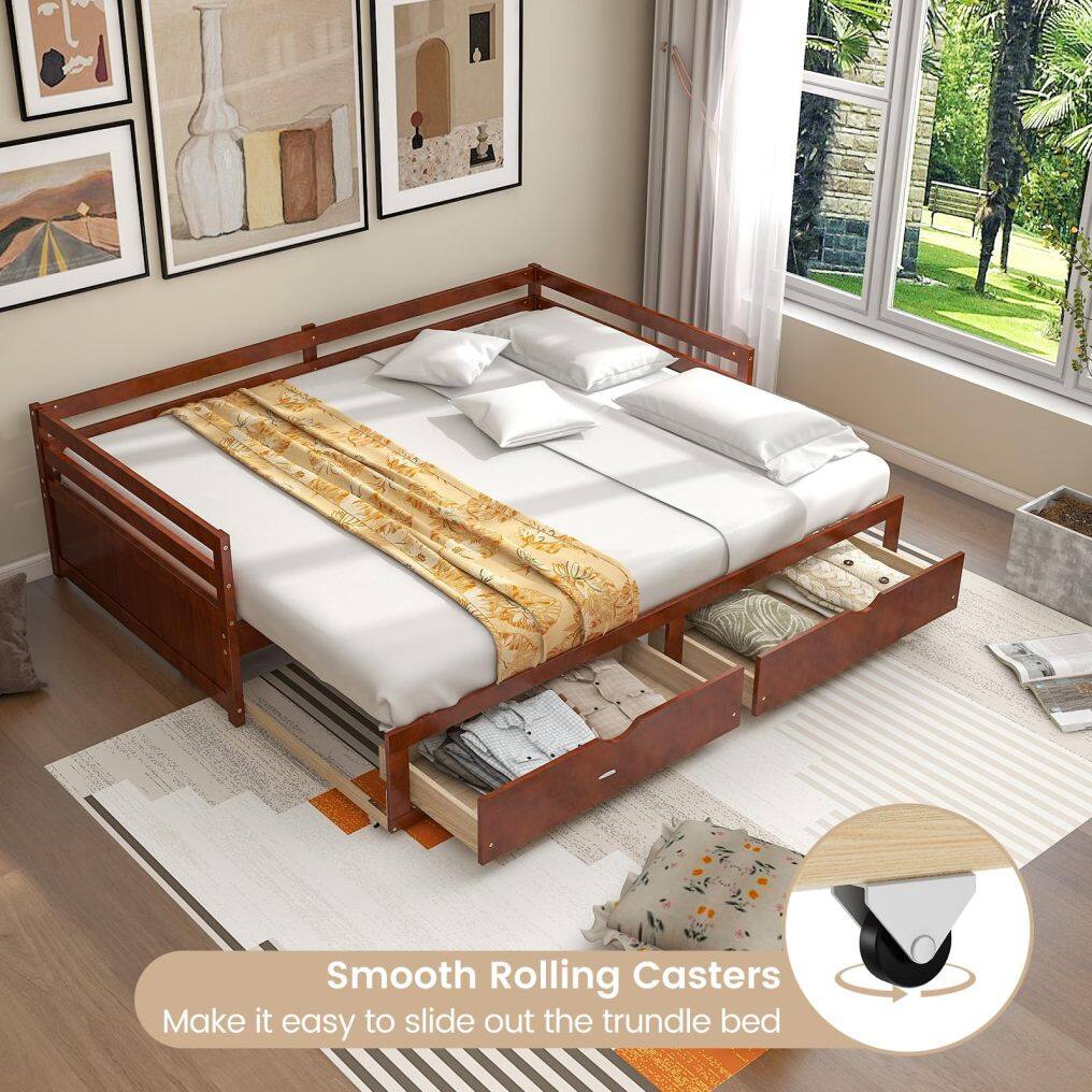 KOMFOTT Wood Daybed with Trundle, Extendable Twin to King Daybed Frame with 2 Storage Drawers