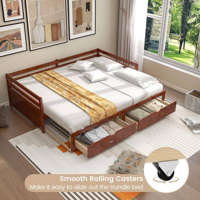 KOMFOTT Wood Daybed with Trundle, Extendable Twin to King Daybed Frame with 2 Storage Drawers