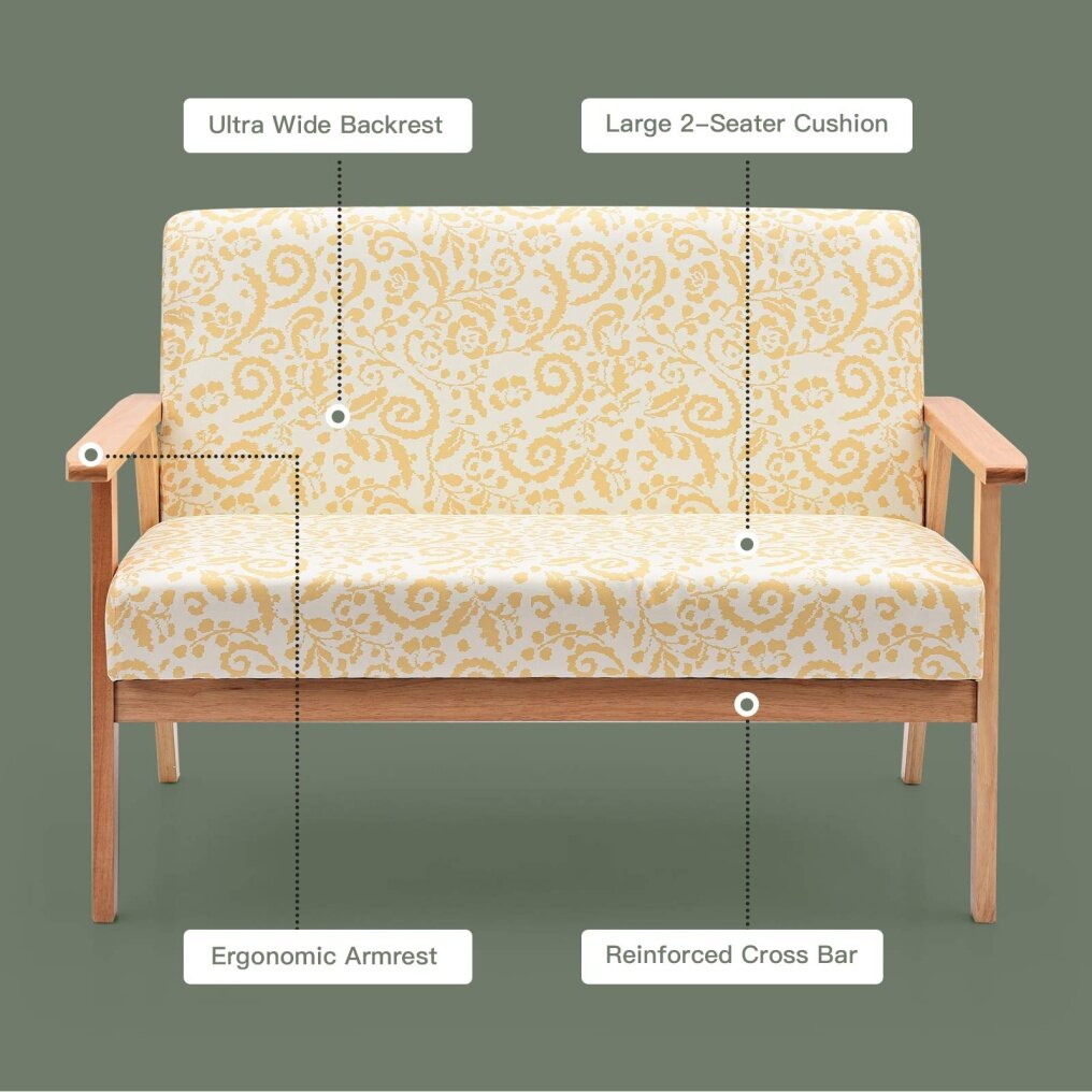 Mid-Century Upholstered Wooden Loveseat w/Rubber Wood