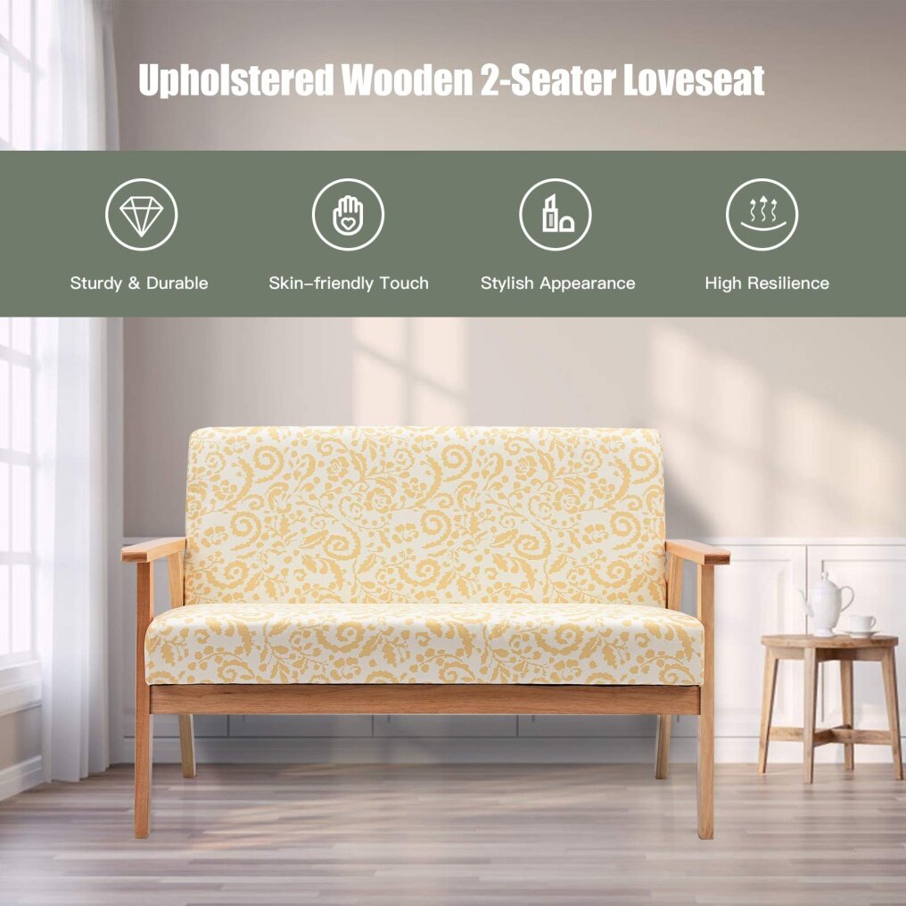 Mid-Century Upholstered Wooden Loveseat w/Rubber Wood