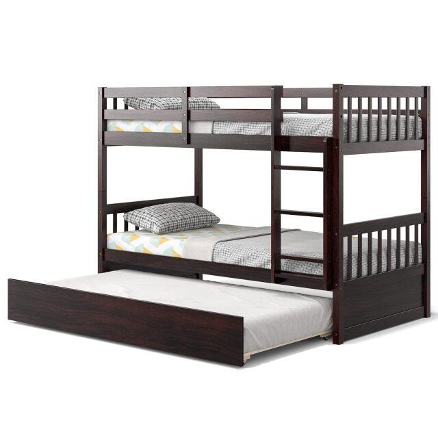 KOMFOTT Wood Bunk Bed with Trundle Twin Over Twin, Convertible Bed Frame with Ladder, Solid Wood Frame & Safety Guardrails