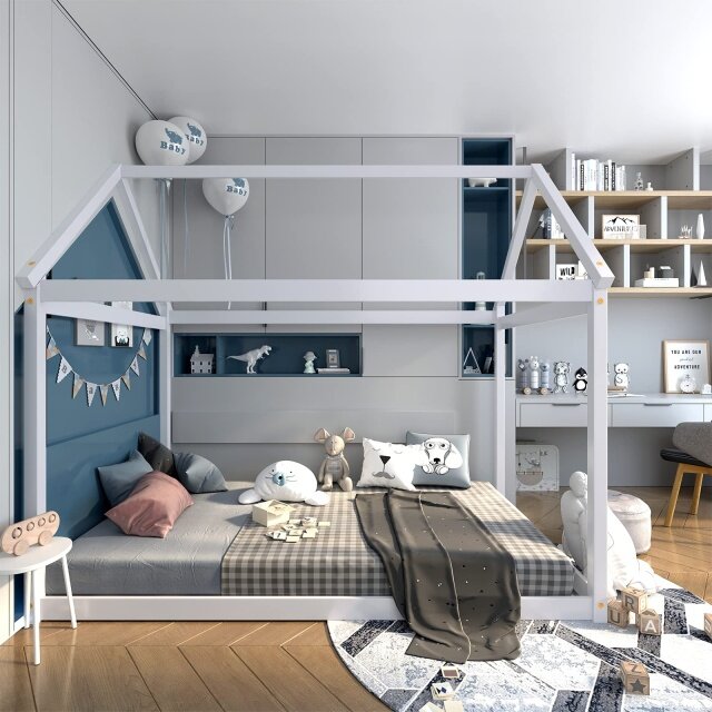KOMFOTT Twin House Bed Frame for Kids, Solid Wood Kids Platform Floor Bed with Roof & Multiple Slats