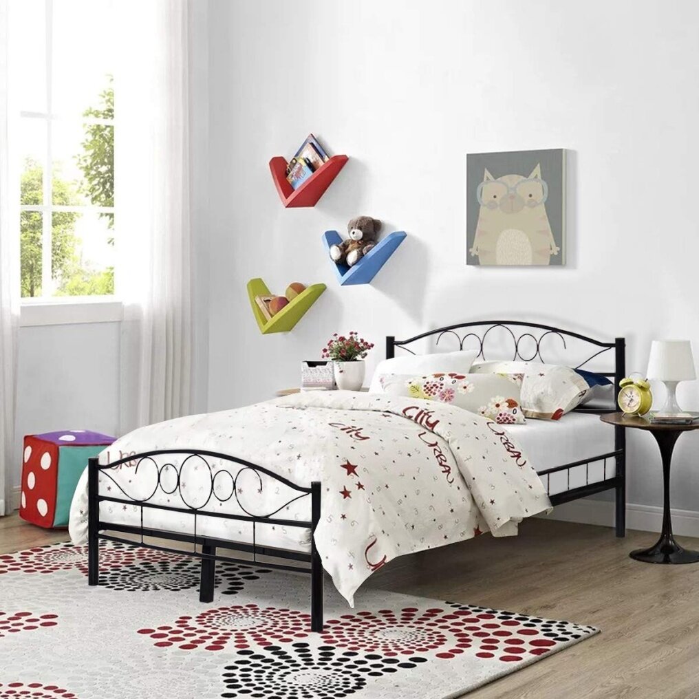 Wood Slats Steel Bed Frame Platform Headboard Footboard Bedroom (Twin, Black)