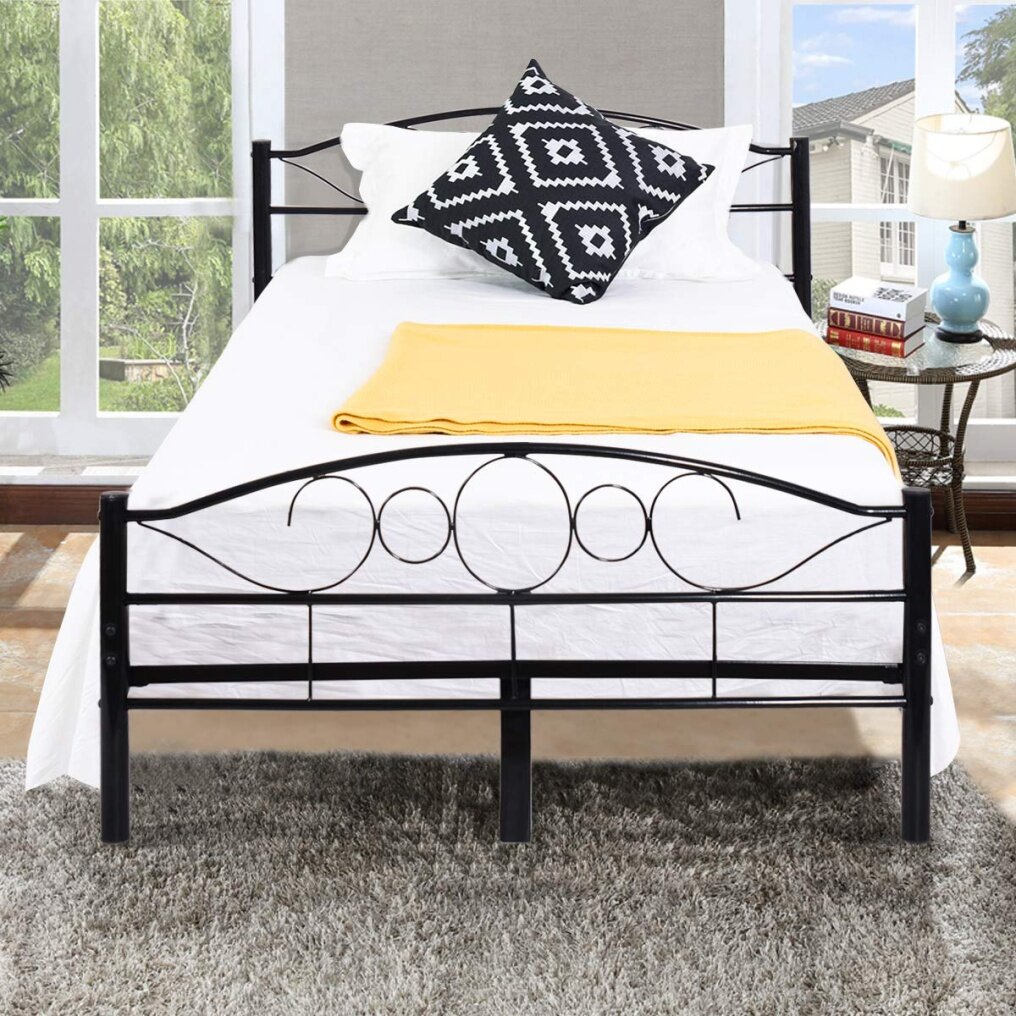 Wood Slats Steel Bed Frame Platform Headboard Footboard Bedroom (Twin, Black)