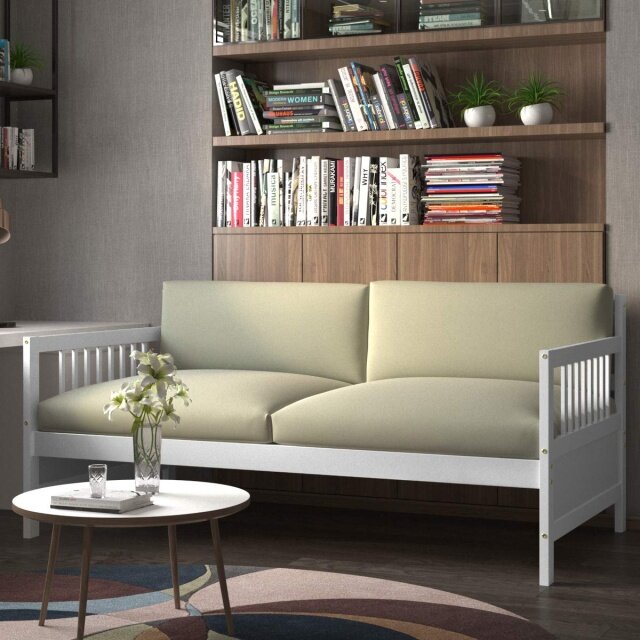 KOMFOTT Futon Daybed Wooden Bed Frame Twin Size Sturdy Wood Bed Slats Safety Armrest