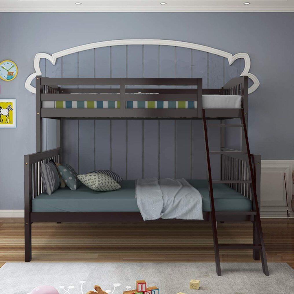 Solid Rubber Wood Bunk Loft Bed Frame with Ladder and Guardrail, for Teens and Kids