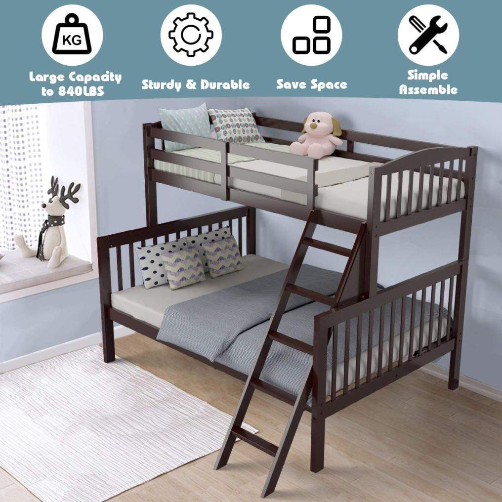 Solid Rubber Wood Bunk Loft Bed Frame with Ladder and Guardrail, for Teens and Kids