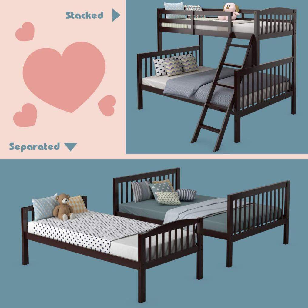 Solid Rubber Wood Bunk Loft Bed Frame with Ladder and Guardrail, for Teens and Kids