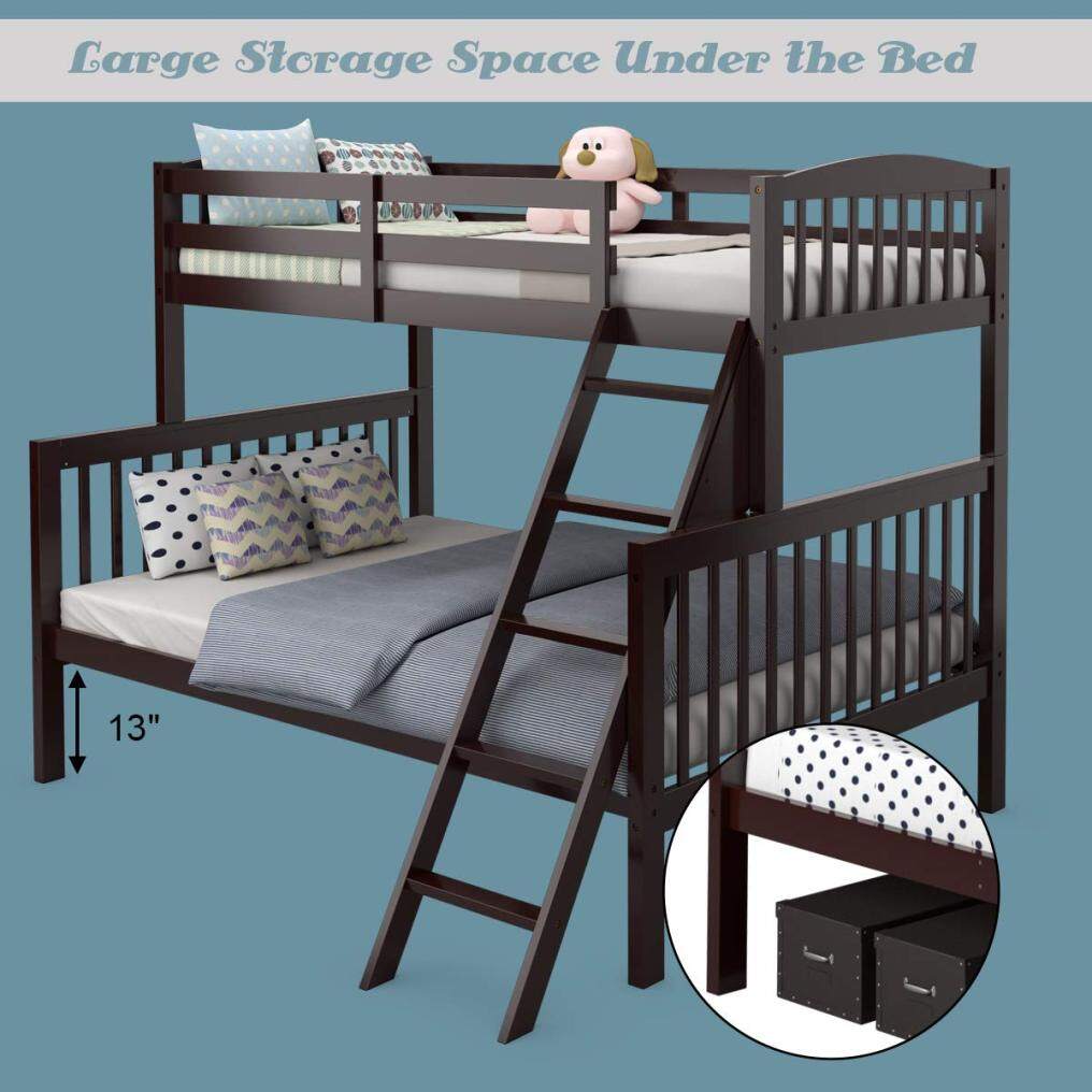 Solid Rubber Wood Bunk Loft Bed Frame with Ladder and Guardrail, for Teens and Kids