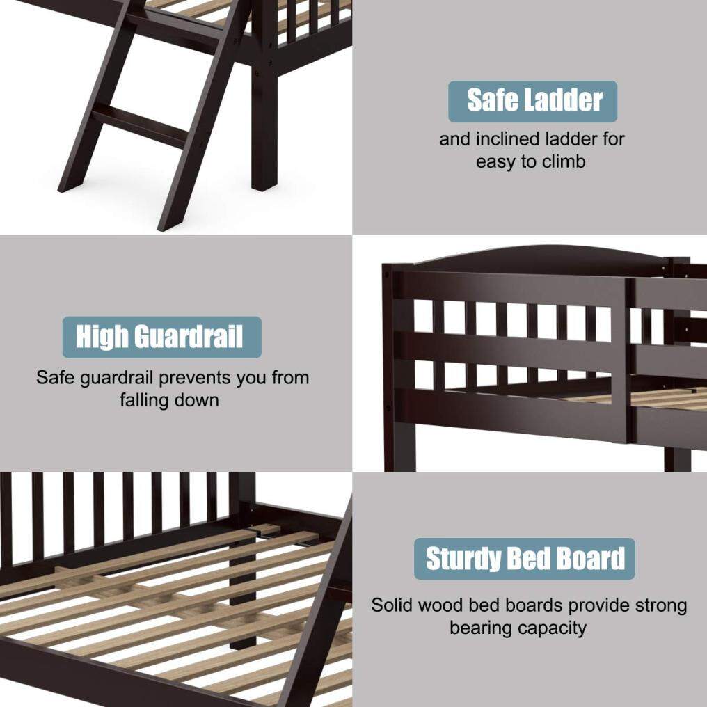 Solid Rubber Wood Bunk Loft Bed Frame with Ladder and Guardrail, for Teens and Kids