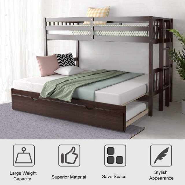 Over Pull-Out Bunk Bed with Trundle, Solid Wood Bunk Bed with Ladder