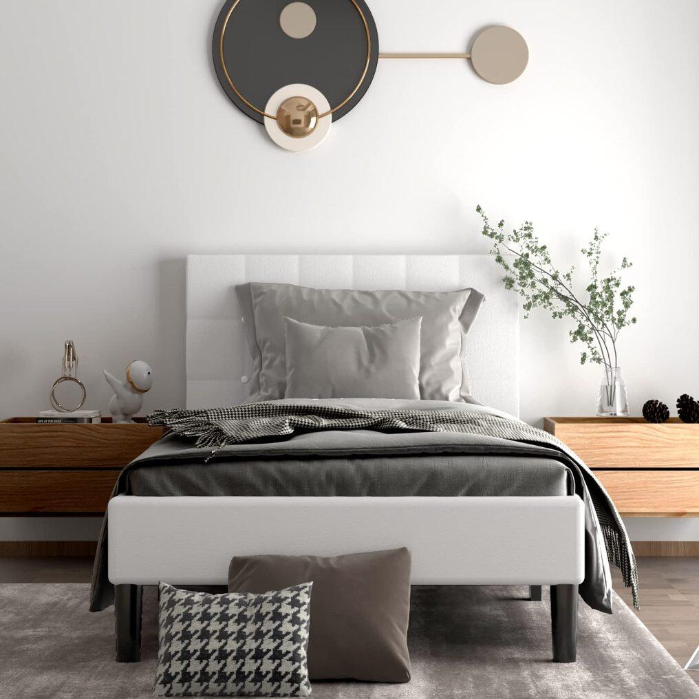 KOMFOTT Twin Size Upholstered Bed Frame, Modern Mattress Foundation with Solid Wood Slats Support