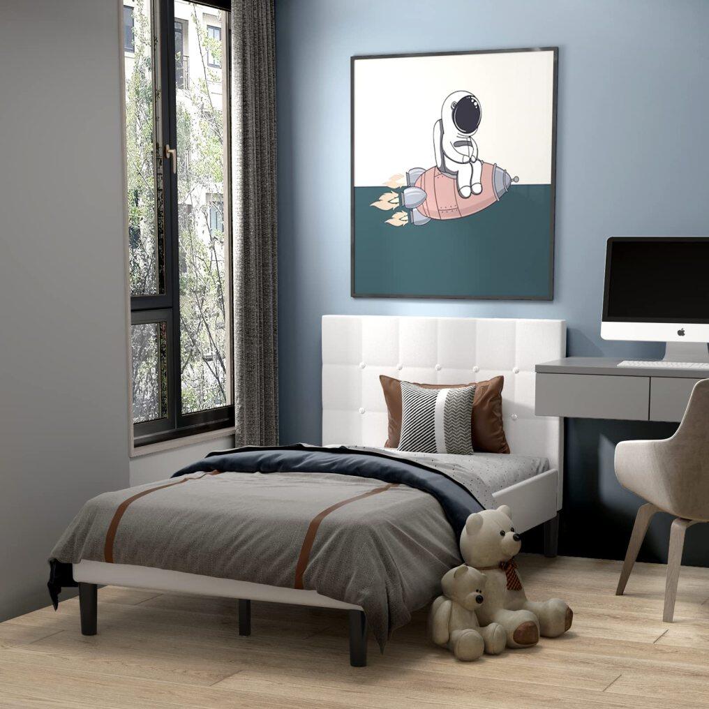 KOMFOTT Twin Size Upholstered Bed Frame, Modern Mattress Foundation with Solid Wood Slats Support