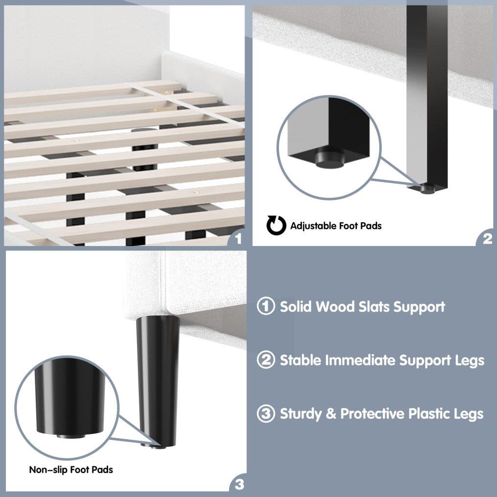 KOMFOTT Twin Size Upholstered Bed Frame, Modern Mattress Foundation with Solid Wood Slats Support
