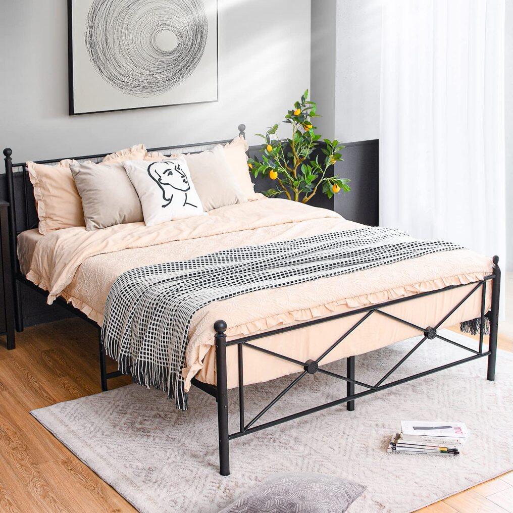 Metal Bed Frame, Headboard & Footboard, Heavy-Duty Steel Slat, Easy Assembly