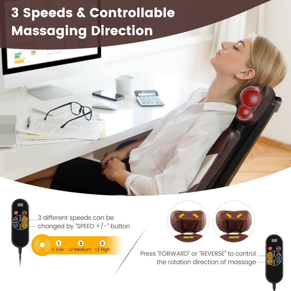 Back Massager Chair Pad - Chair Massager with Adjustable Neck Pillow, 3 Speeds & 3-Level Timer