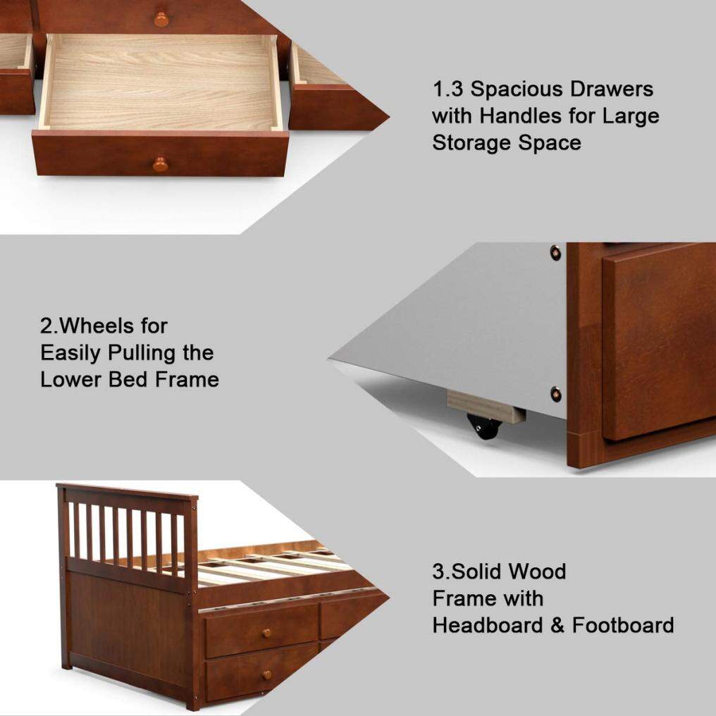 Twin Captain’s Bed with Trundle Bed, Wood Storage Daybed with 3 Storage Drawers