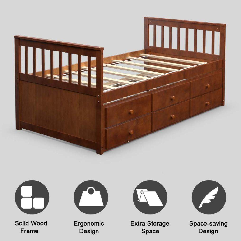 Twin Captain’s Bed with Trundle Bed, Wood Storage Daybed with 3 Storage Drawers