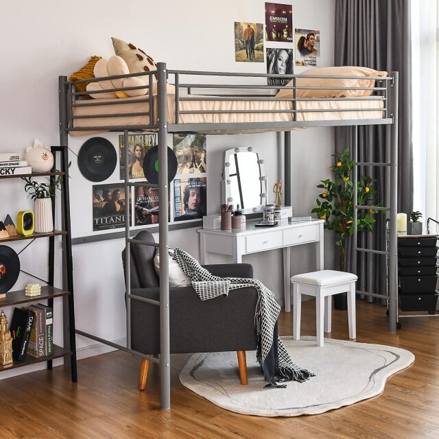 KOMFOTT Metal Loft Bed Frame Twin Size, Heavy-duty Steel Slats Support Loft Bed with Both Side Ladders & Guardrails