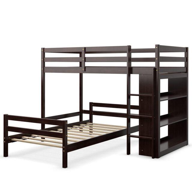KOMFOTT Bunk Bed Twin Over Twin, Convertible Wooden Loft Bed Frame with 3-Tier Bookcase
