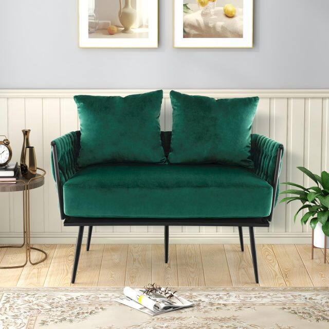 KOMFOTT 43” Loveseat Sofa, Modern Upholstered 2-Seat Sofa with 2 Back Pillows, Woven Backrest & Armrest