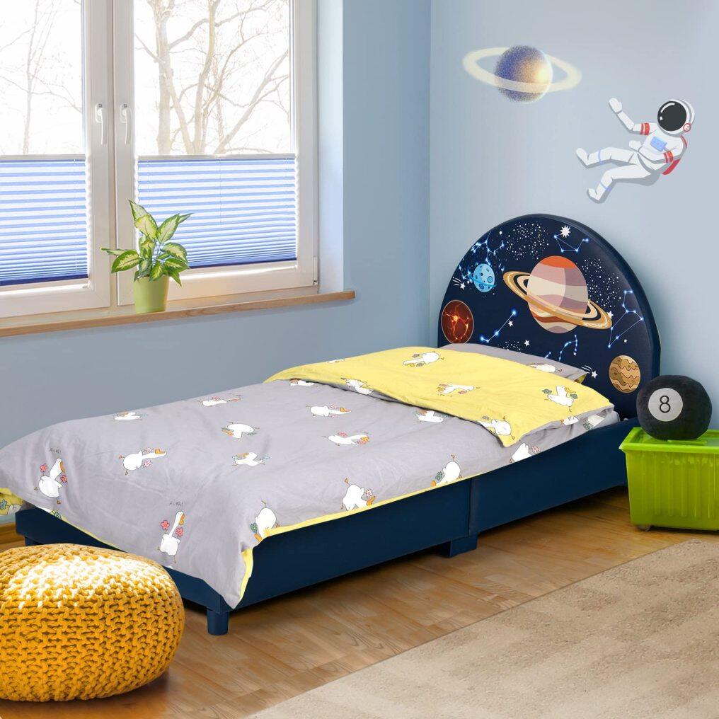 KOMFOTT Kids Bed, Toddler Upholstered Platform Floor Bed w/Headboard & Wooden Slat Base