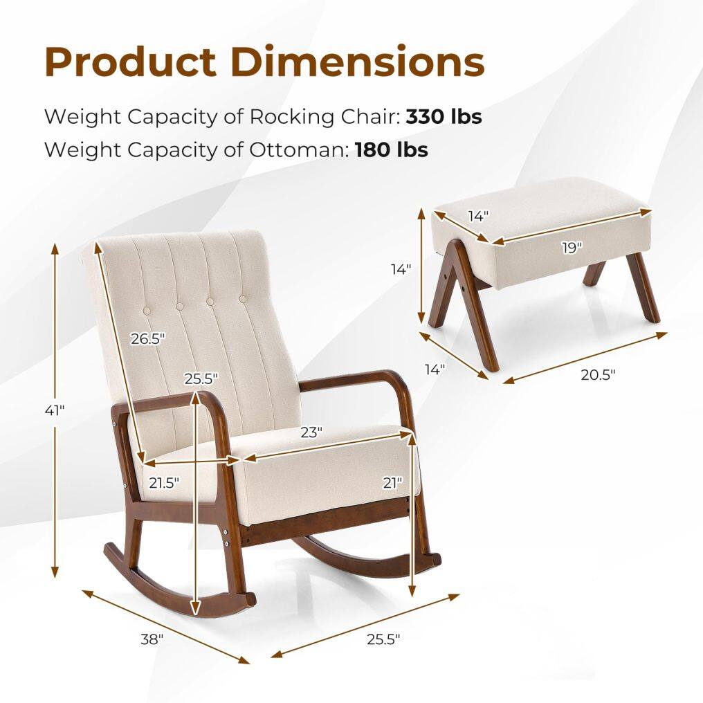 KOMFOTT Nursery Rocking Chair with Ottoman, Upholstered Rocker Chair with Footrest