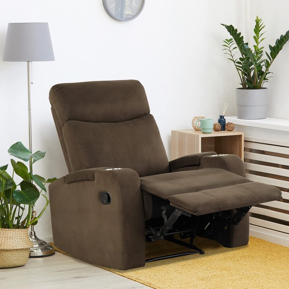 Komfott Manual Fabric Recliner Chair, Backrest Adjustable Reading Reclining Chair with 2 Cup Holders and Armrest Hidden Storage