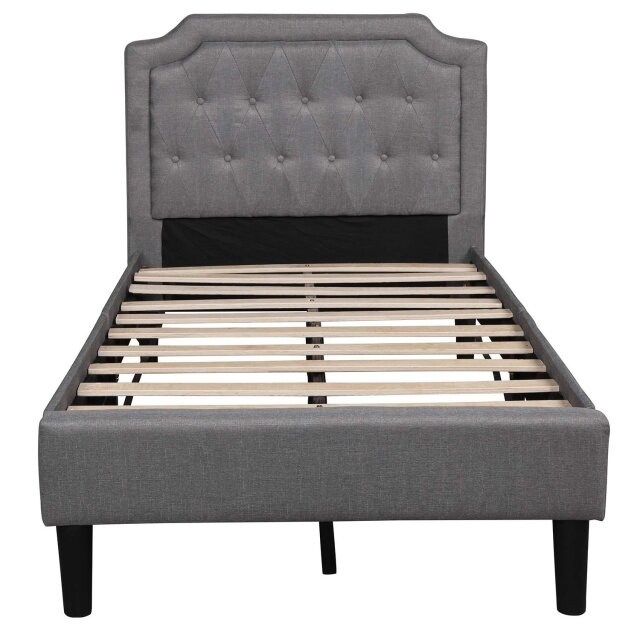 Twin Size Bed Frame, Upholstered Bed Base with Button Stitched Headboard