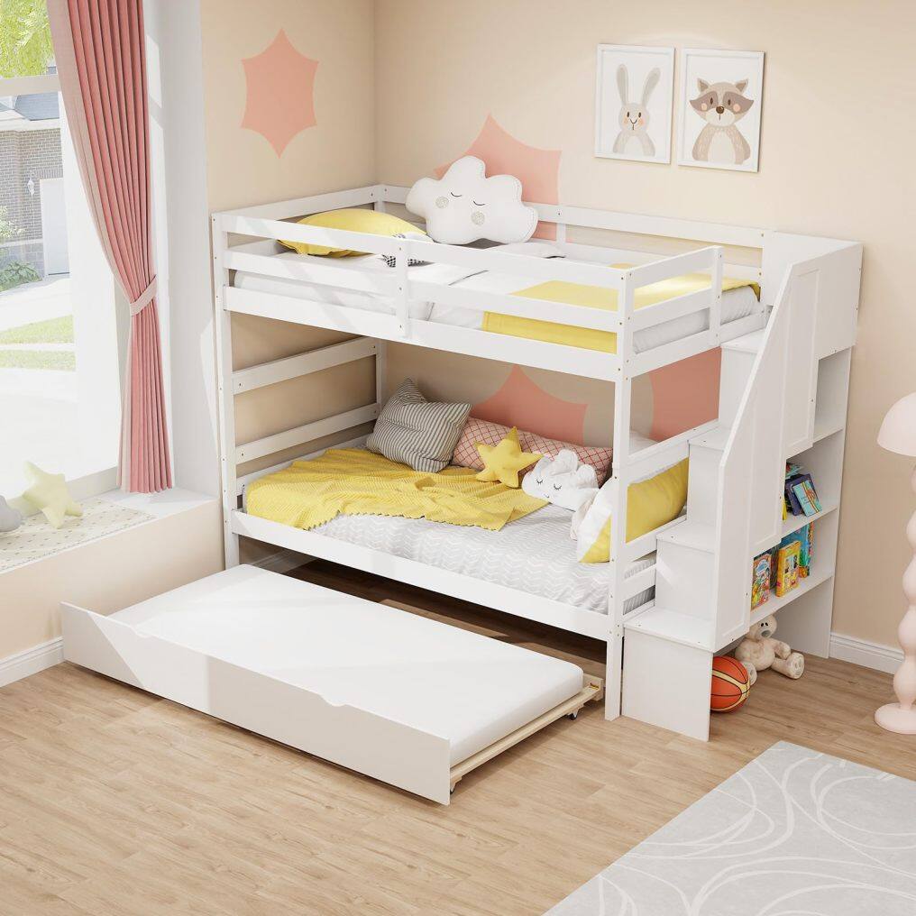 KOMFOTT Wood Twin Over Twin Bunk Bed with Trundle & Storage Stairs