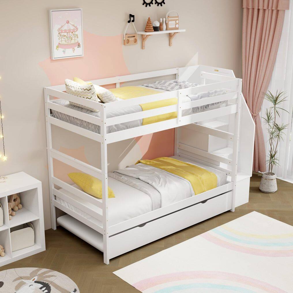 KOMFOTT Wood Twin Over Twin Bunk Bed with Trundle & Storage Stairs