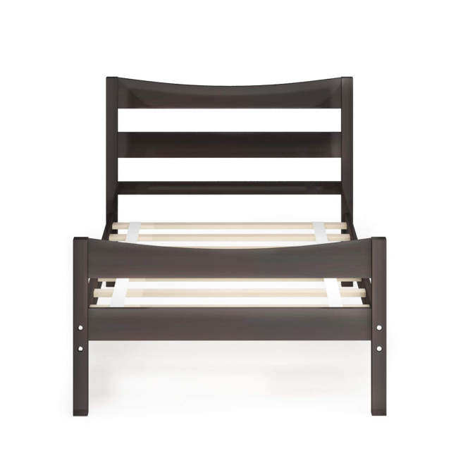 Wood Bed Frame Twin Size, Rustic Style Platform Bed w/Headboard & Footboard, Solid Wood Slat Support