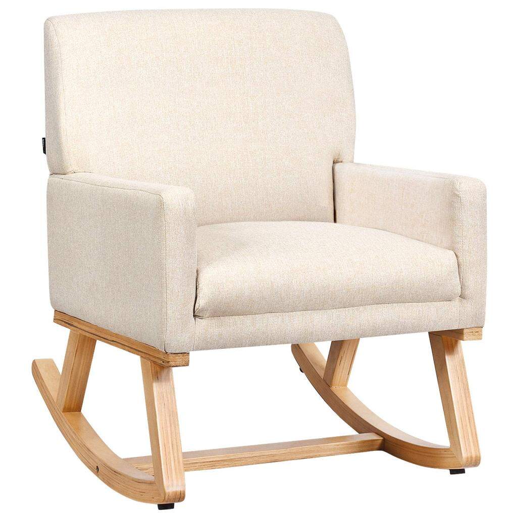 Upholstered Rocking Chair with Fabric Padded Seat and Solid Wood Base