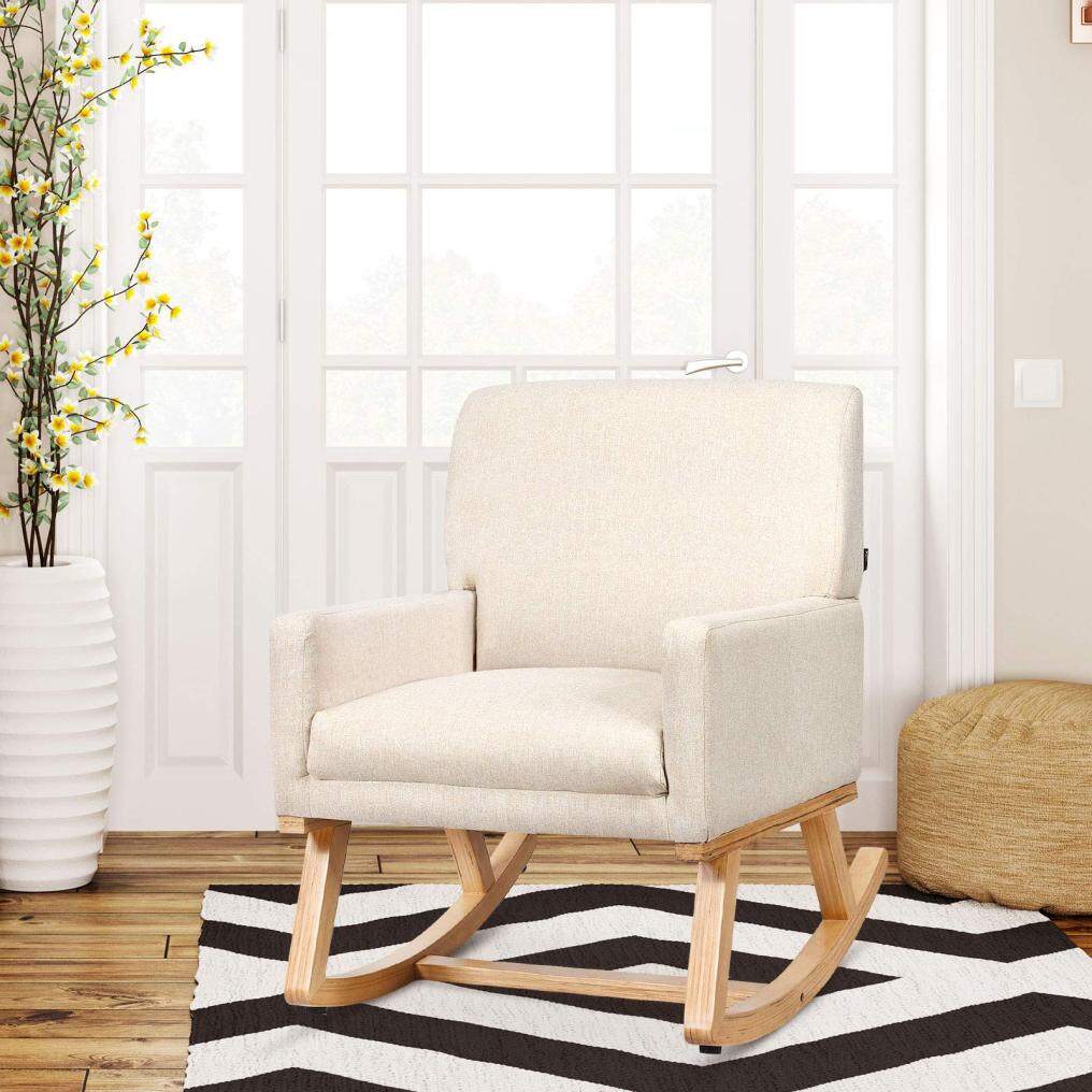 Upholstered Rocking Chair with Fabric Padded Seat and Solid Wood Base