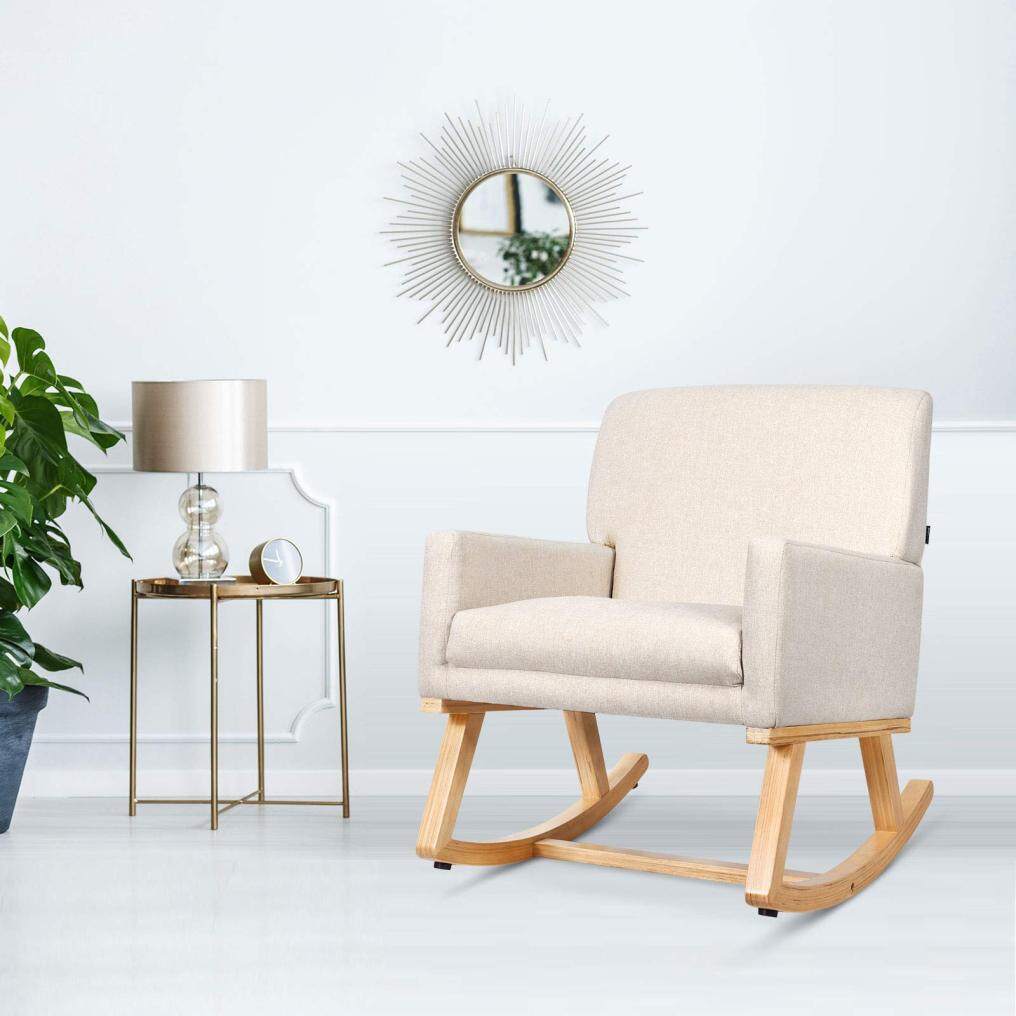 Upholstered Rocking Chair with Fabric Padded Seat and Solid Wood Base
