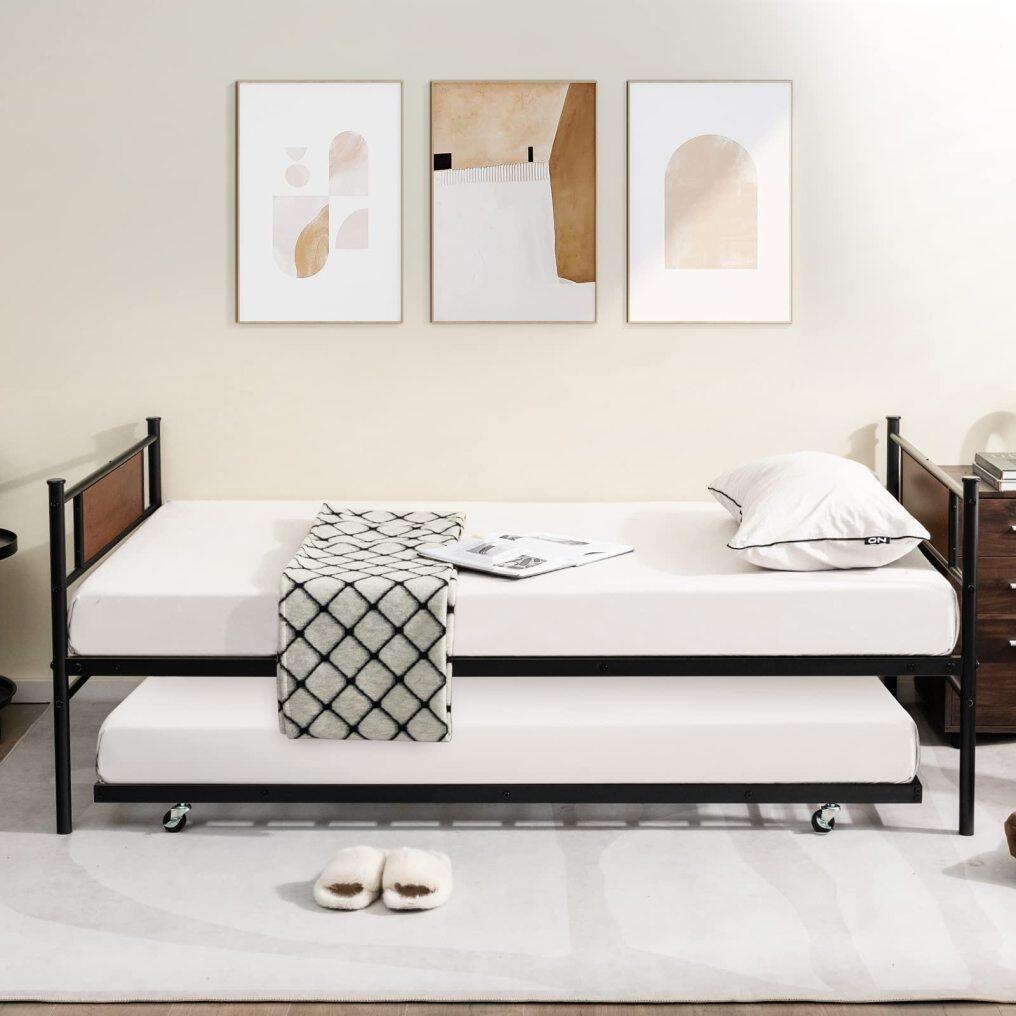 KOMFOTT Twin Metal Daybed with Trundle, Twin Size Sofa Daybed Frame, Heavy-Duty Steel Slats Support Platform Bed