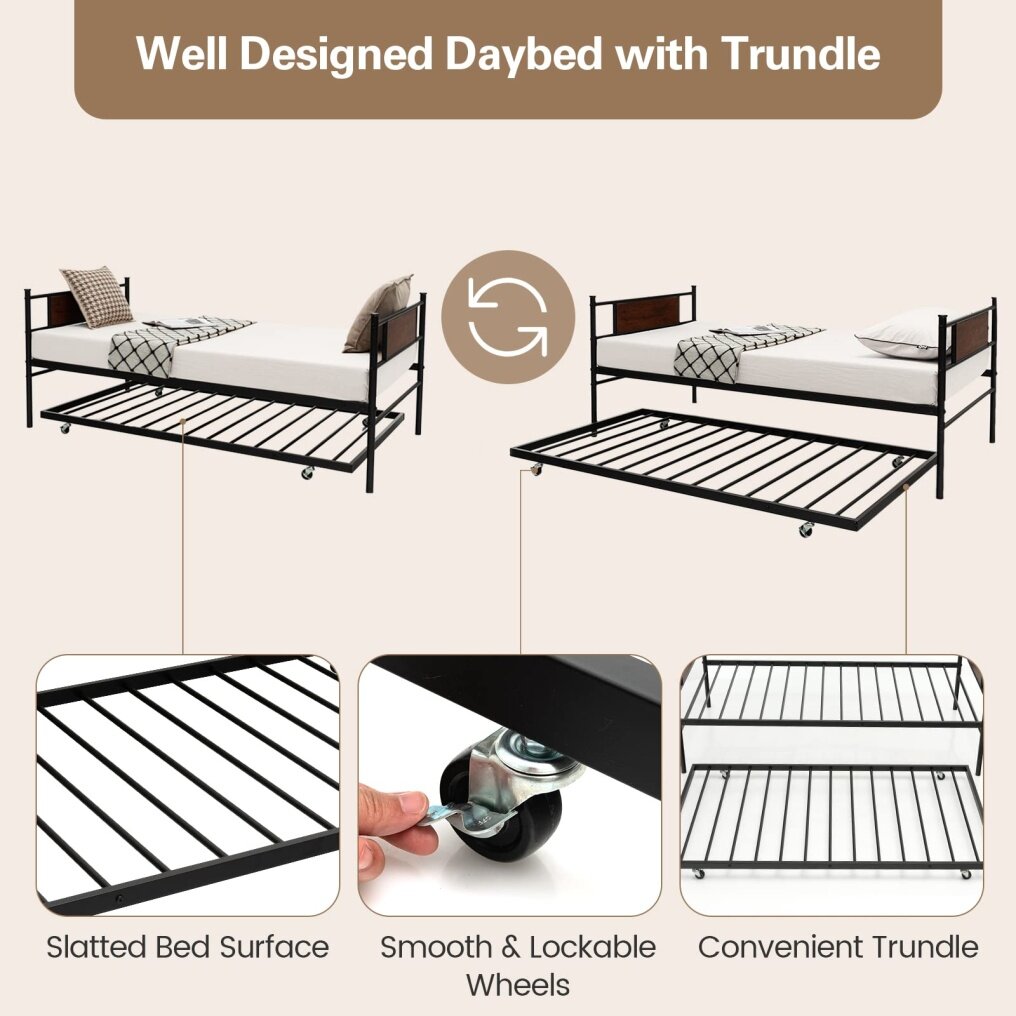 KOMFOTT Twin Metal Daybed with Trundle, Twin Size Sofa Daybed Frame, Heavy-Duty Steel Slats Support Platform Bed