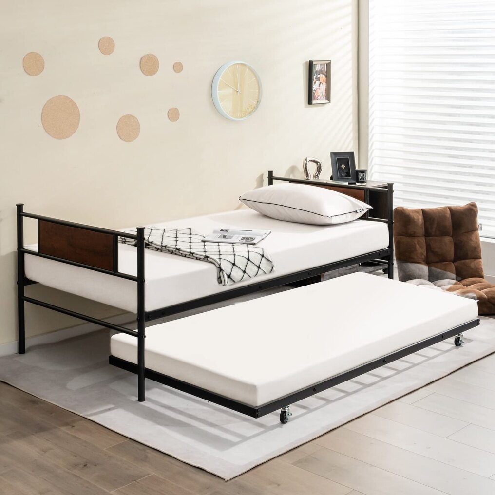 KOMFOTT Twin Metal Daybed with Trundle, Twin Size Sofa Daybed Frame, Heavy-Duty Steel Slats Support Platform Bed