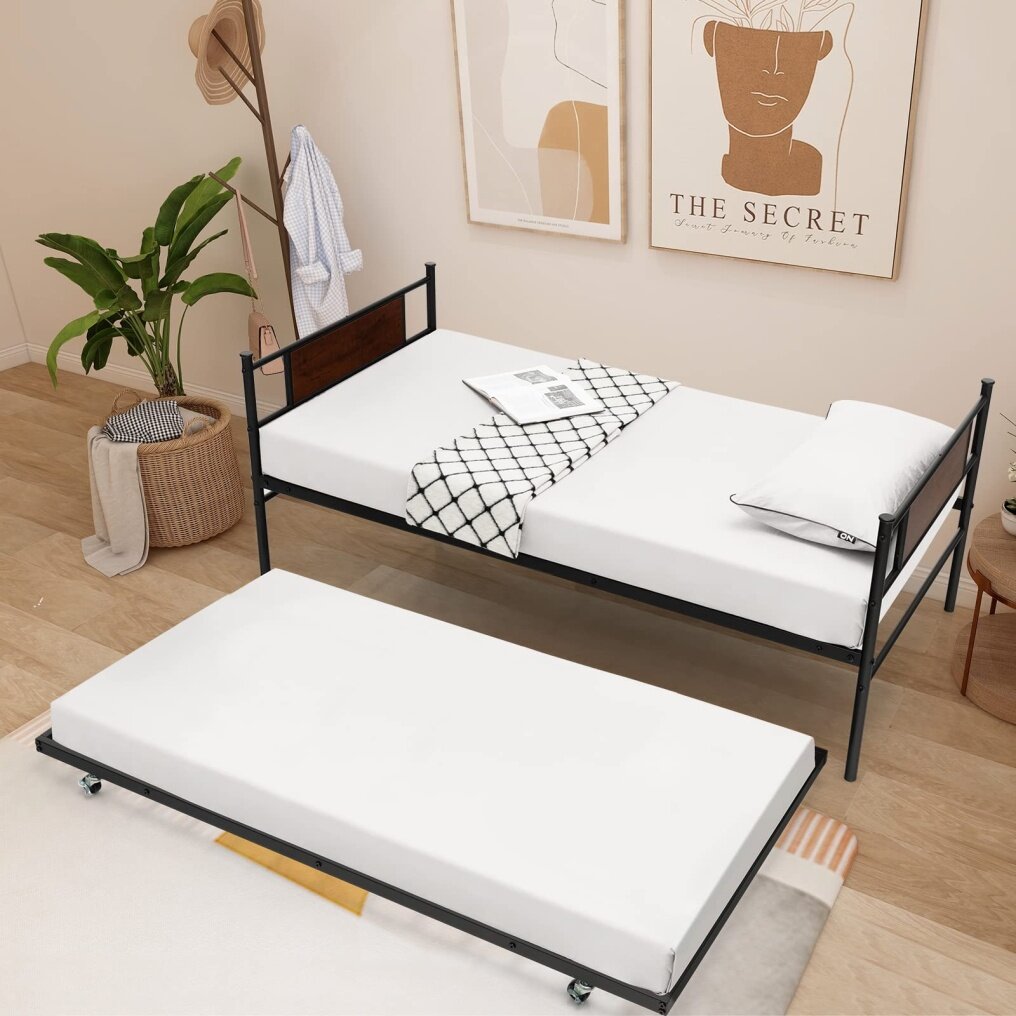KOMFOTT Twin Metal Daybed with Trundle, Twin Size Sofa Daybed Frame, Heavy-Duty Steel Slats Support Platform Bed