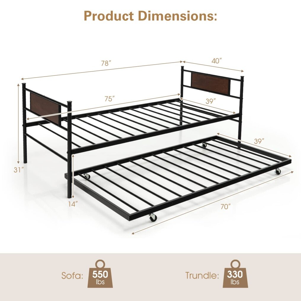 KOMFOTT Twin Metal Daybed with Trundle, Twin Size Sofa Daybed Frame, Heavy-Duty Steel Slats Support Platform Bed