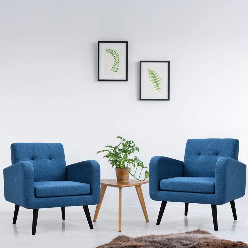 Modern Upholstered Accent Chair w/ Rubber Wood Legs | Linen Fabric Single Sofa