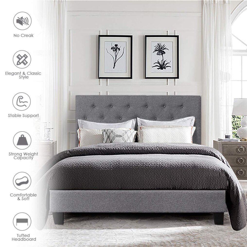 Shalini Upholstered Panel Platform Bed, Diamond Stitched Linen Panel Headboard