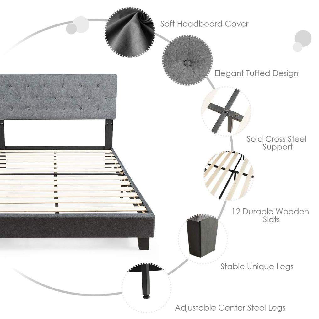 Shalini Upholstered Panel Platform Bed, Diamond Stitched Linen Panel Headboard