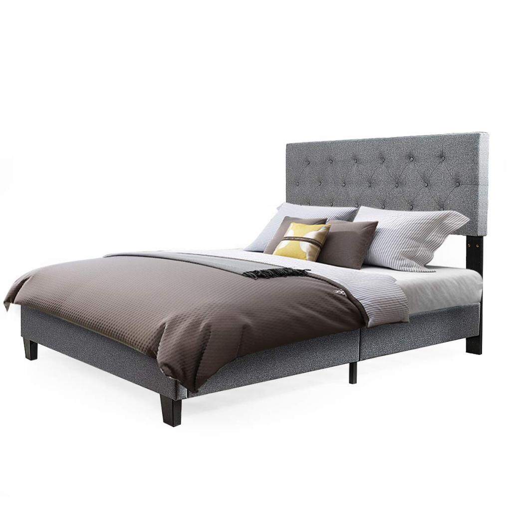 Shalini Upholstered Panel Platform Bed, Diamond Stitched Linen Panel Headboard